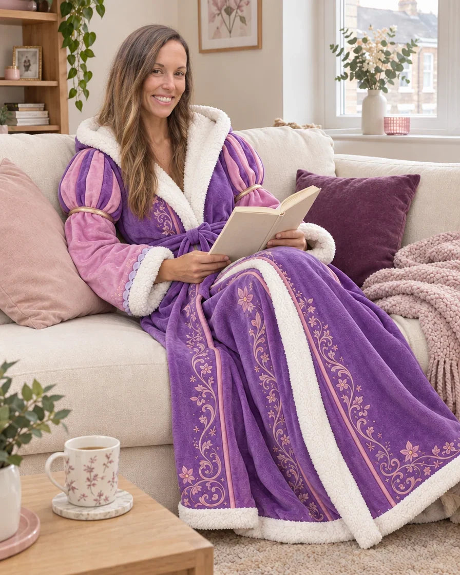 Woman reading in a purple embroidered robe